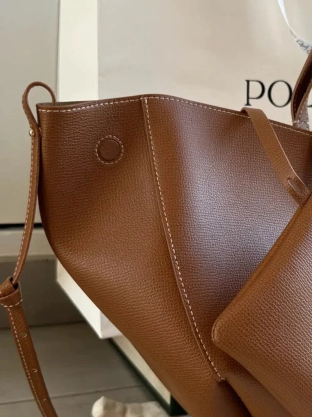 Polène Cyme Camel Cross-Grain Leather Sculptural Full Size Tote Bag